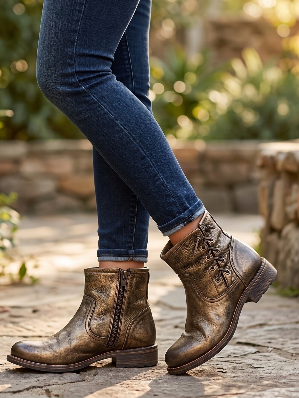 Bronze Metallic Leather Moto BIker Boots Grunge Size 6